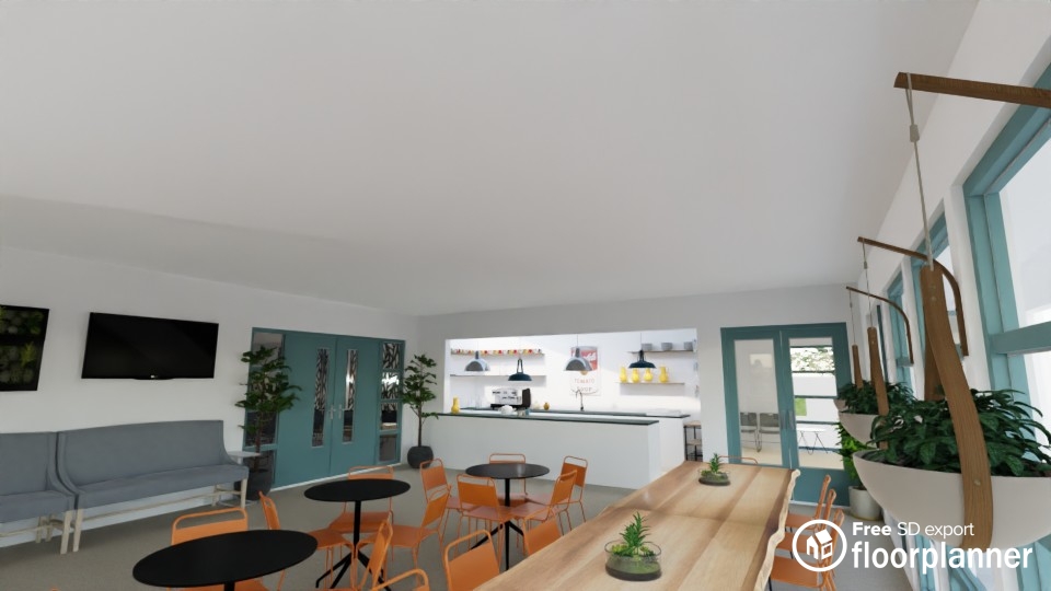 Visualisation of foyer area showing tables, chairs and a cafe servery area 